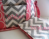 Monogrammed Extra Large Diaper Bag Set Made of Gray Chevron Fabric  and Candy Pink