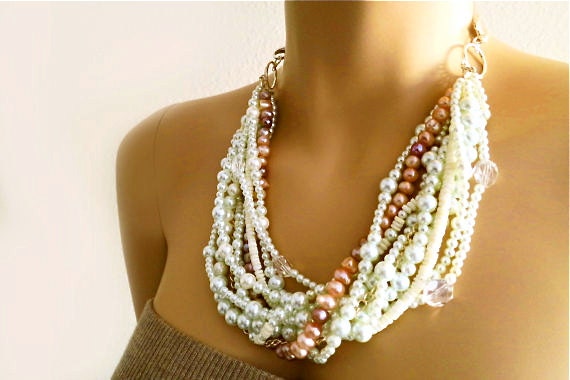 Pearl Bridal Necklace, Wedding Pearl Necklace, Pearl Cluster Necklace, Freshwater Pearl Chunky Bib Trendy Layered  Special Occasion