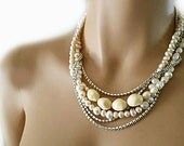 Vintage Inspired Pearl Rhinestone Wedding Necklace, Freshwater Pearl Bridal Jewelry with Chunky Rhinestone