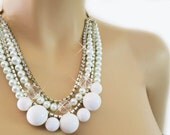 Pearl Rhinestone Wedding Jewelry White Pearl - Crystal - Rhinestone Chunky Layered Necklace - Vintage Style