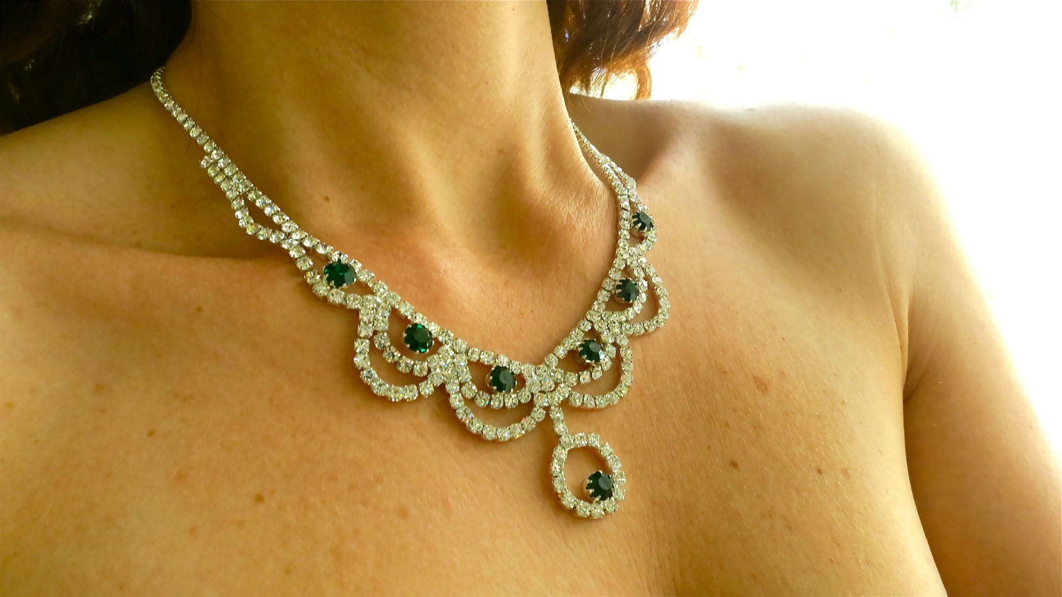 Wedding Jewelry Set, Bridal Necklace and Earrings, Wedding Rhinestone Emerald Necklace Earrings Set,