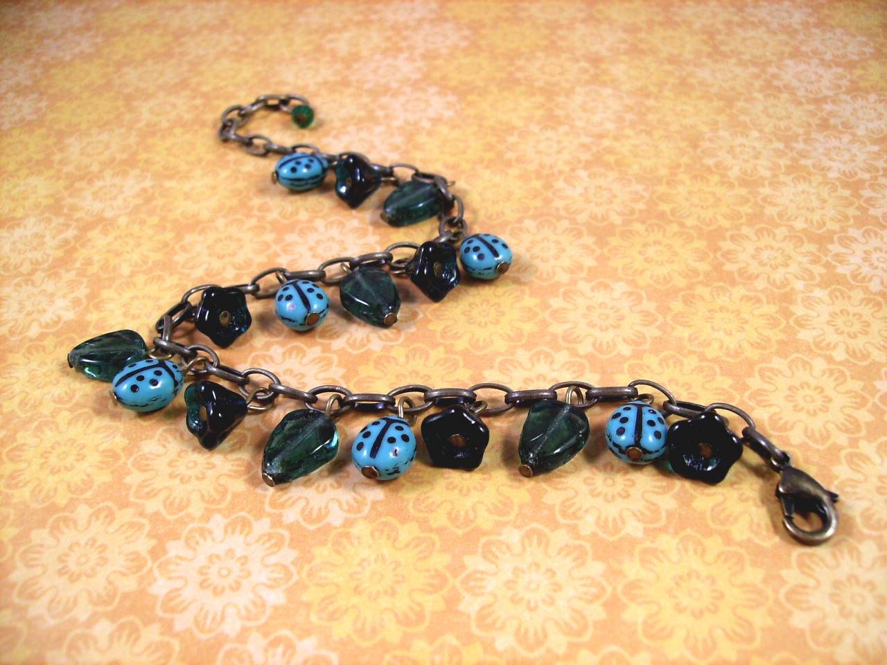 Ladybug and Flower Charm Bracelet, Ladybug's Garden, Blue Green and Brass Charm Bracelet, FREE Shipping U.S.
