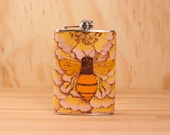 Honeybee Flask - Leather and Stainless Steel - Flower and bee in yellow, white, orange and antique mahogany