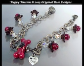 Lampwork Puppy Dog bone charm bracelet red and black gun metal chain with flowers-SRAJD, BHV