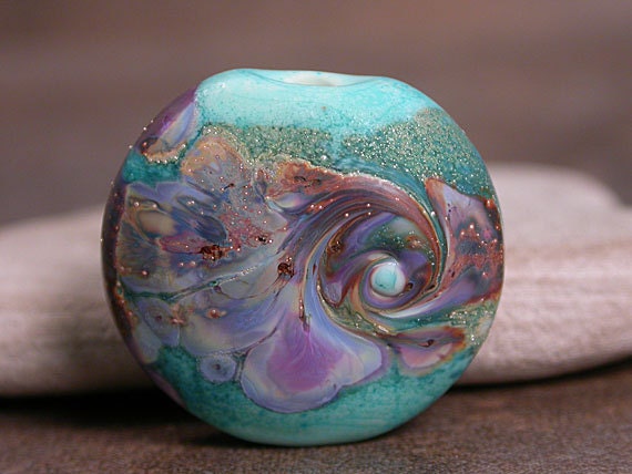 Lampwork Glass Focal Bead Etched Copper Green Purple Rustic Brown Divine Spark Designs SRA LETeam