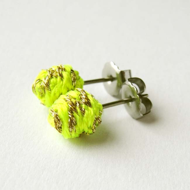 Neon Citron and Gold Braided Stud Earrings