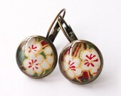 Japanese Chiyogami Leverback Earrings in Antique Brass. Blazing Sakura