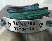 Latitude Longitude Wrap Bracelet, hand dyed silk ribbon in shades of blue, green, and aqua, personalize this great gift