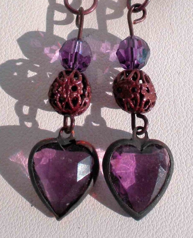 Earrings Valentine Vintage Amethyst Swarovski Hearts Vintage Filiigree Beads - MagdaleneJewels