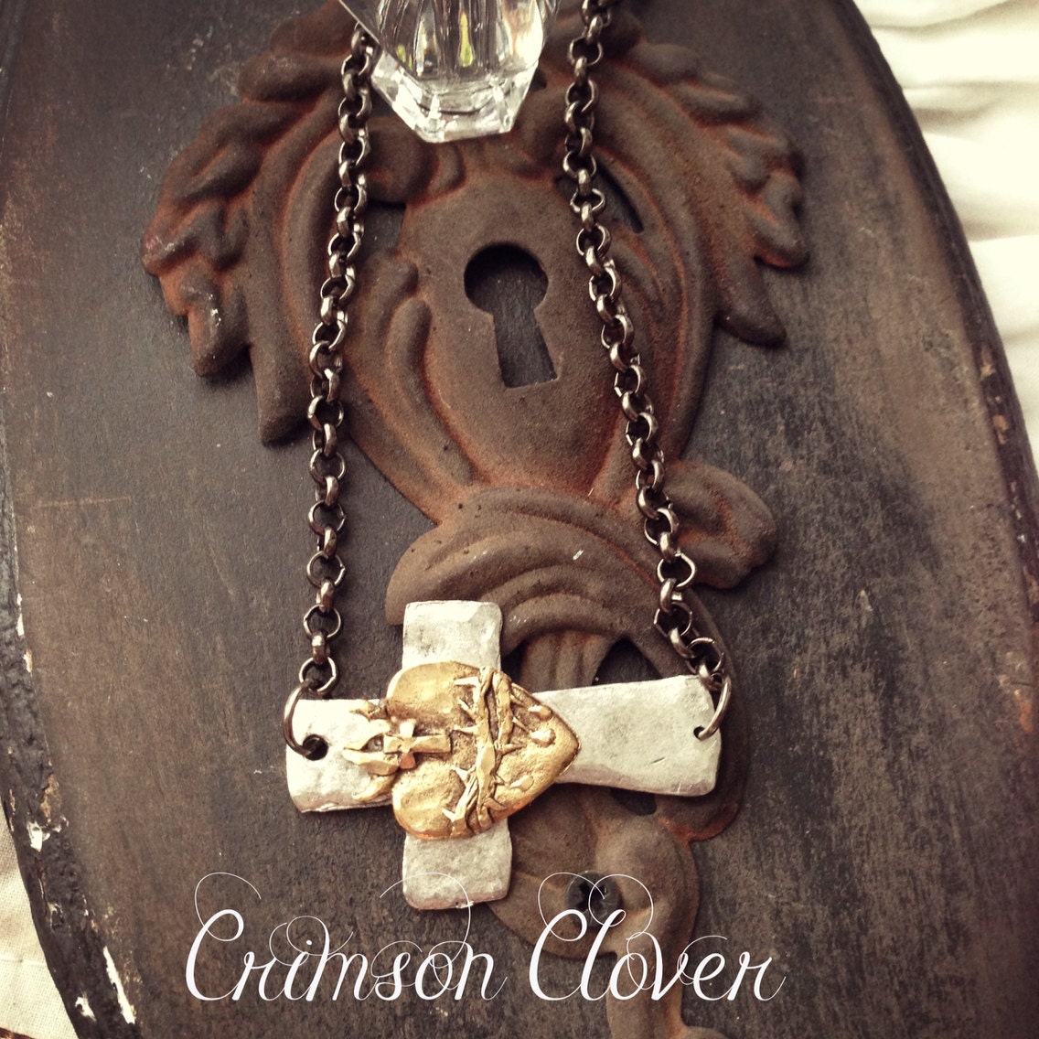 Hammered Side Cross Sacred Heart Necklace