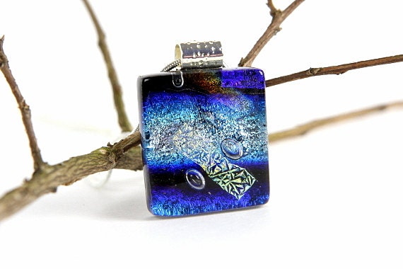 Cobalt Blue Silver Dichroic Pendant - Fused Glass Jewelry - Dichroic Glass Necklace - Fused Glass
