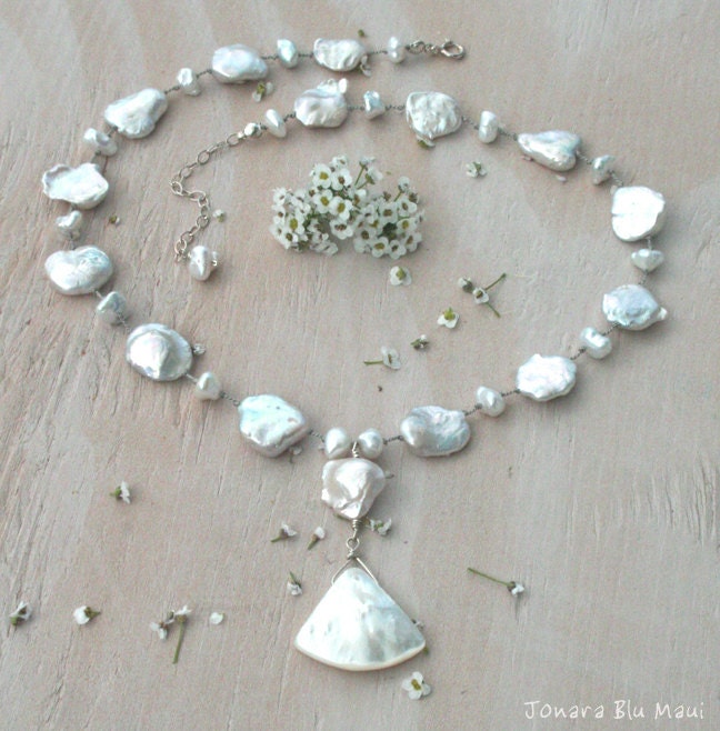Silver White Keshi Pearl and Mother of Pearl Silk Cord Necklace