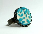SALE Embossed Flowers Ceramic Stoneware Ring - Teal