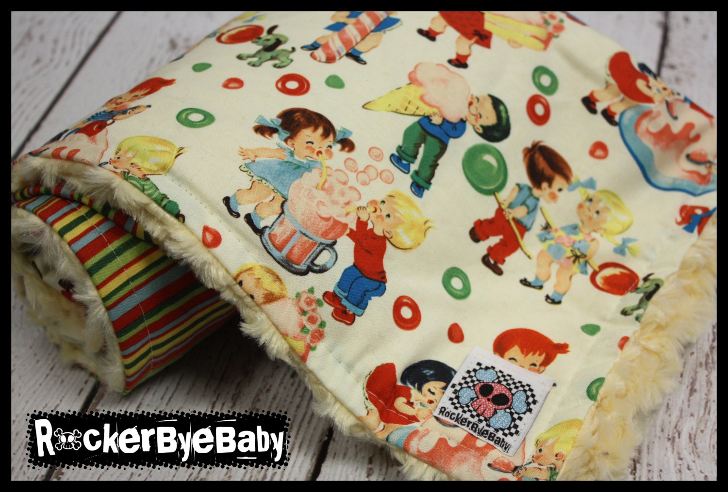Retro Candy Shop Kids and stripes baby or toddler blanket patchwork girl boy or unisex rusty rainbow red green and banana yellow minky swirl