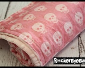 Girl Grunge Skull baby or toddler blanket Punk Rock Skull and heart Girl Pink White light pink minky dot