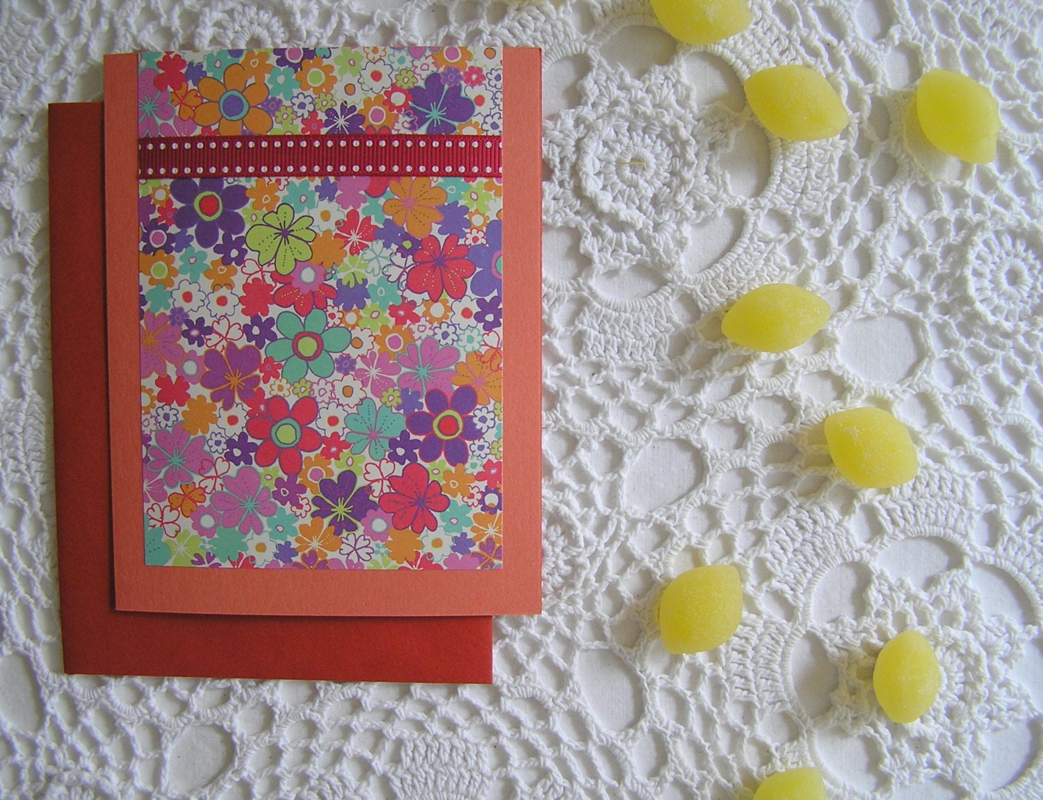 Preppy Floral Orange Blank Cards with Polka Dot Ribbon, Kate Spade-Inspired, Retro Prep, Colorful, Fun