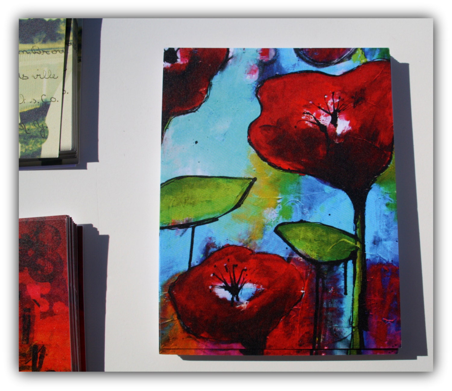 Flat Notecards Red and Aqua Poppies Jodi Ohl