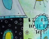 Funky House Acrylic Painting  in lime green and aqua by Jodi Ohl
