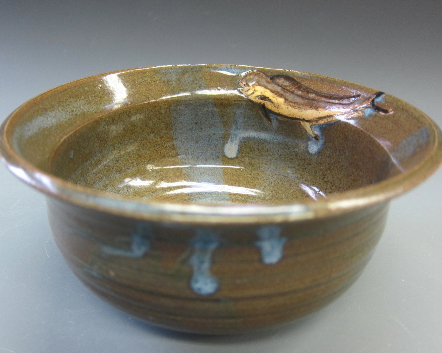 Blue brown Bowl with MahiMahi on the Edge Wheelthrown Stoneware