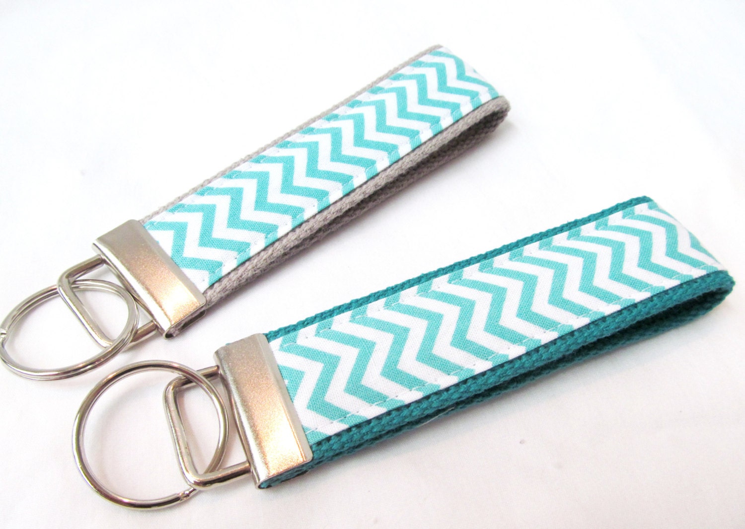 Wristlet Key Fob Key Chain - Mini Aqua & White Chevron Zig Zag Stripe - Fabric Keychain