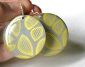 Gray & Yellow Leaf Design Large Resin Earrings