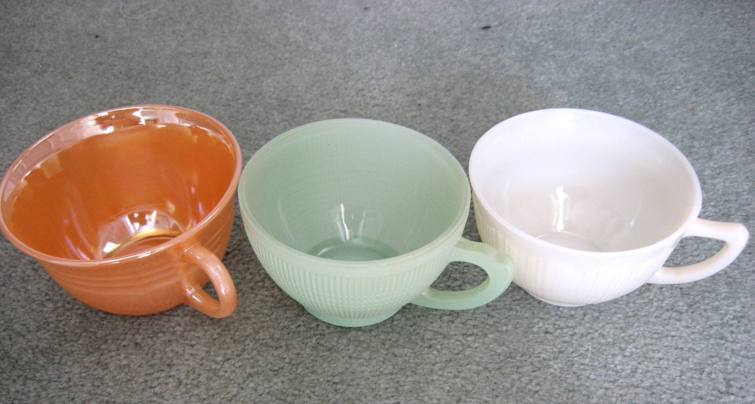 3 Teacups,Cups,  Fire King Peach Luster, Corning Corex Pie Crust, Jadeite Saguenay 1940s
