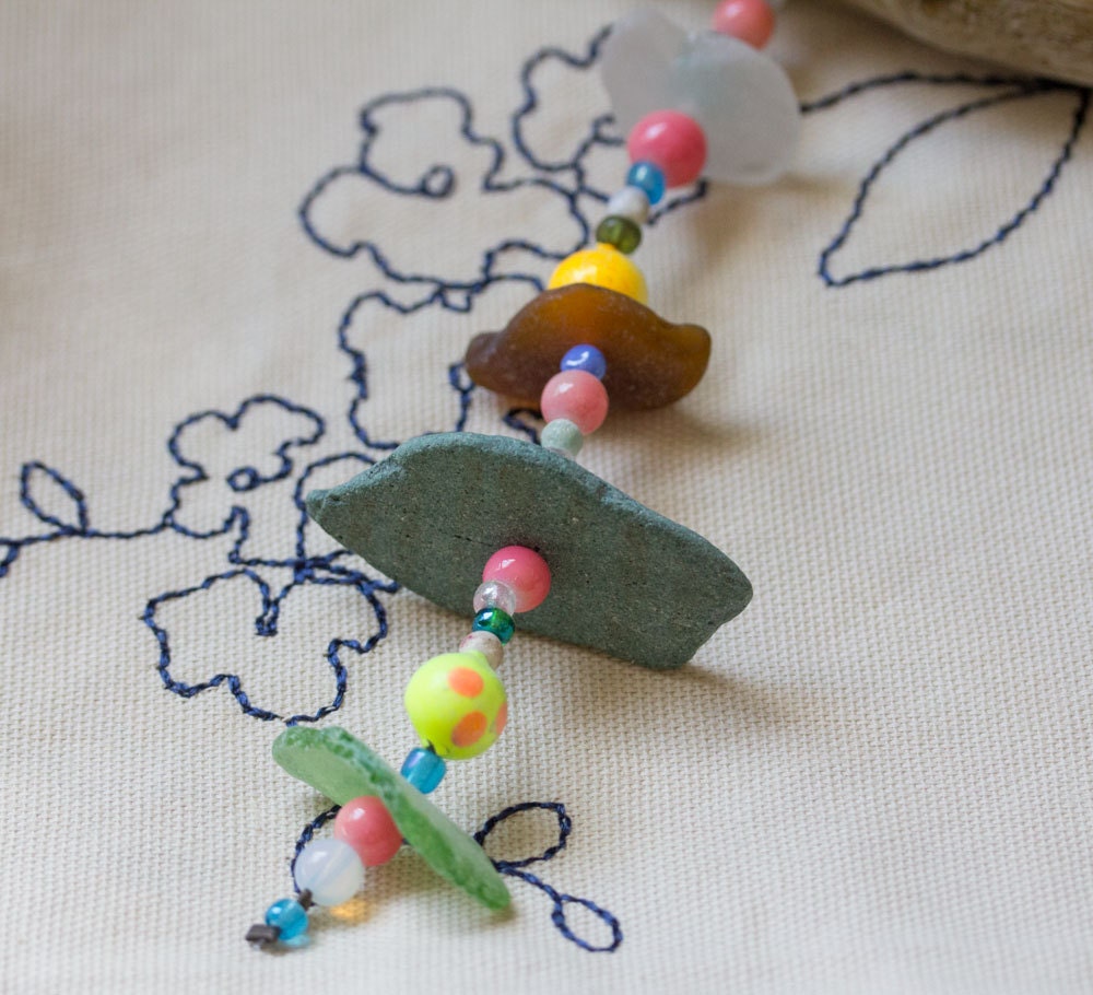 Sea Glass Beach Glass Sun catcher, Driftwood Beaded with Genuine sea glass, gift idea