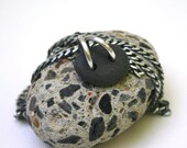Natural Dark Grey Lake Erie Beach Stone Charm Necklace Oxidized Sterling Curb Chain