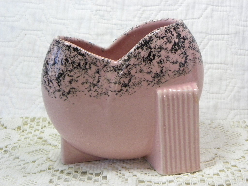 Pink and Black Planter Vintage Ceramic Mid Century Heart Shaped Pottery