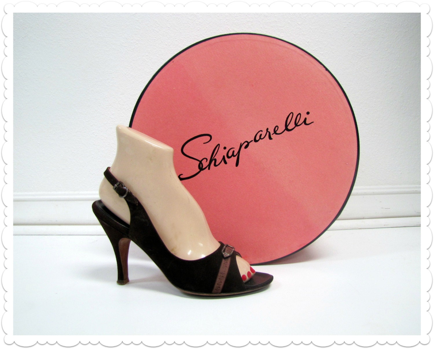1950s Schiaparelli Heels - Brown Suede and Marcasite Buckles - Size 8.5 N