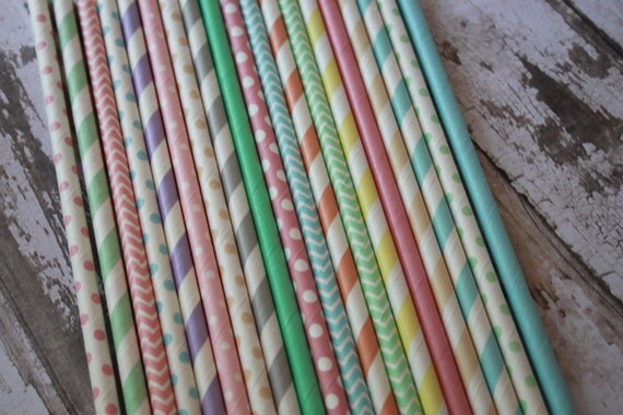 30 Pastel Rainbow Party Straws -- Paper Straws -- Beach Assortment -- Cream, Mint Green, Gray, Pastel Pink, Blue, Peach and Lavender Il_570xn