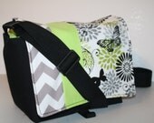 Diaper Bag / Nappy Tote / Purse / Baby Bag / Toddler Tote / MESSENGER Bag / More Pockets / Grey Chevron Lime Butterflies