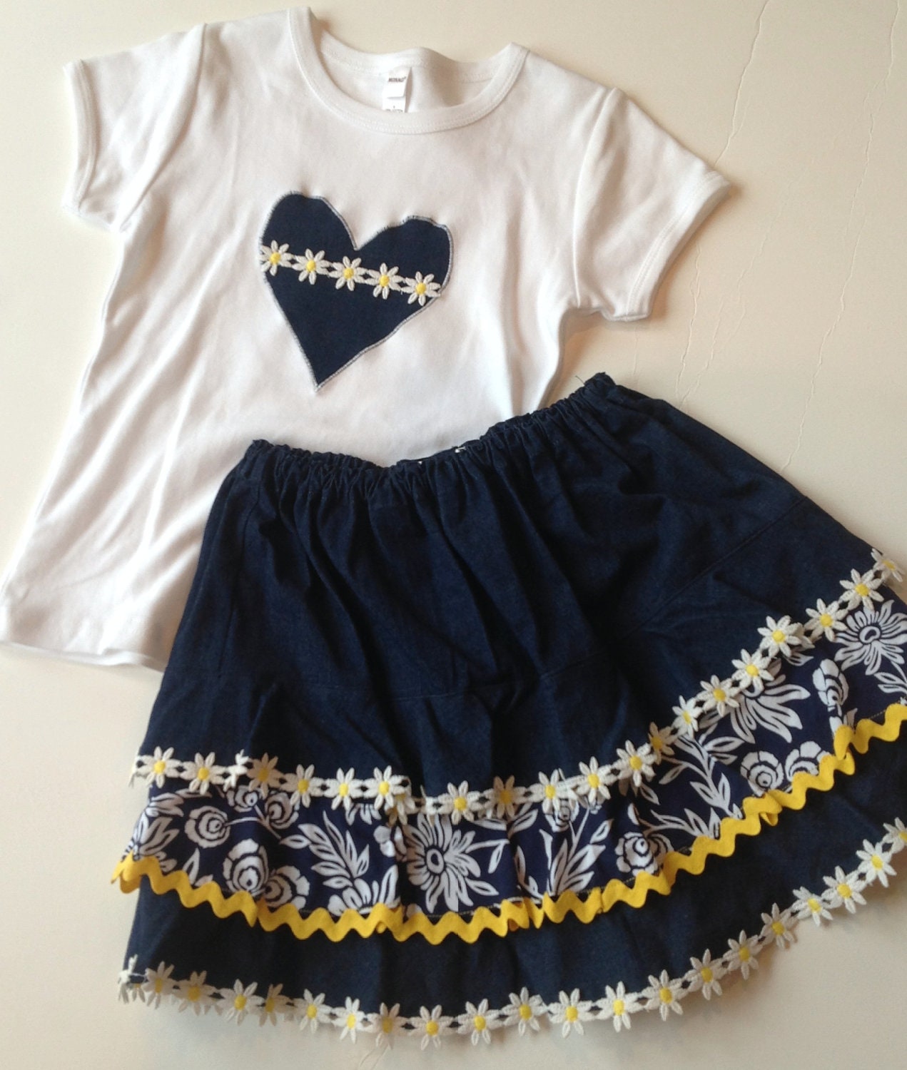 Denim ruffle skirt in navy and yellow with daisy trim and tee shirt, size 6, one of a kind