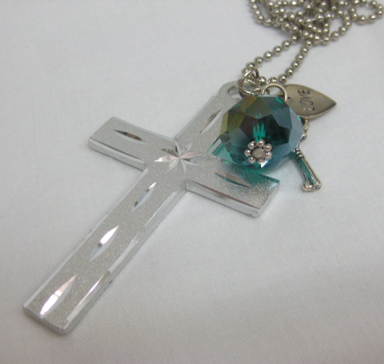 Jesus Holds the Key to My Heart Teal Crystal Ball Chain Charm Necklace