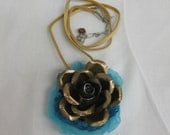 Bronze and Teal Metal Rose Shabby Chic Necklace