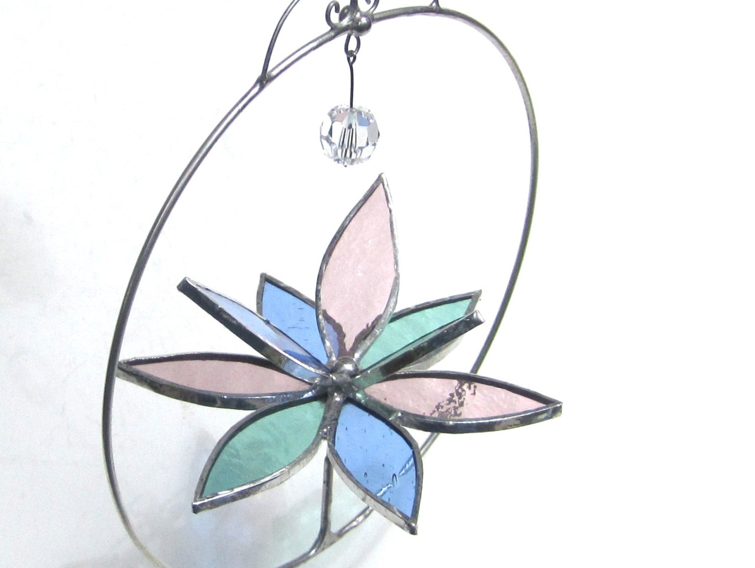 Pleasant - Small Stained Glass Lotus Spinner - Pastel Flower Home Garden Decor Yard Art Suncatcher Wire Circle