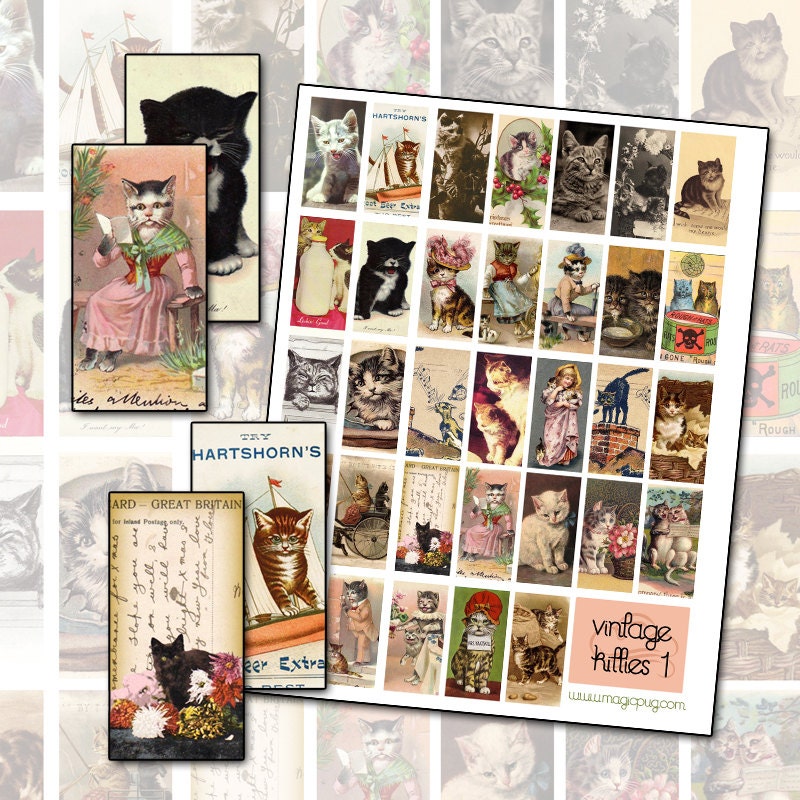 Antique Cat and Kitten Digital Collage Sheet domino size 1x2 inch 25mm x 50mm