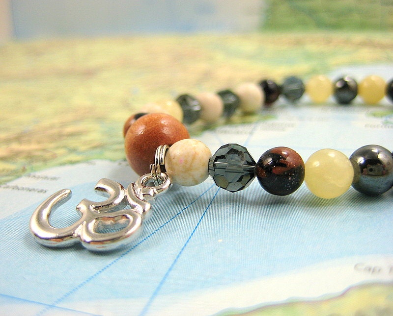 Om Infinity Mala Bracelet in Yellow and Gray Gemstones with Tierra Cast Silver Charm