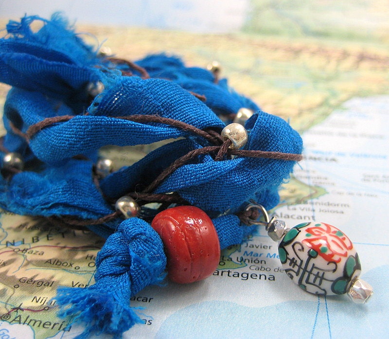 Sattva Collection Yoga Wrap Bracelet with Chinese Bead Drop on Sari and Waxed Linen
