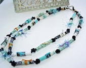 Upcycled Fabric Bead Necklace Two Strand Multi Color Shabby Chic SKY BLUE and BLACK