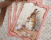 Easter Tags - French Rabbit Tags - Vintage RAbbit - Tea Party Tags - Pink, Tea Tags - Set of 3