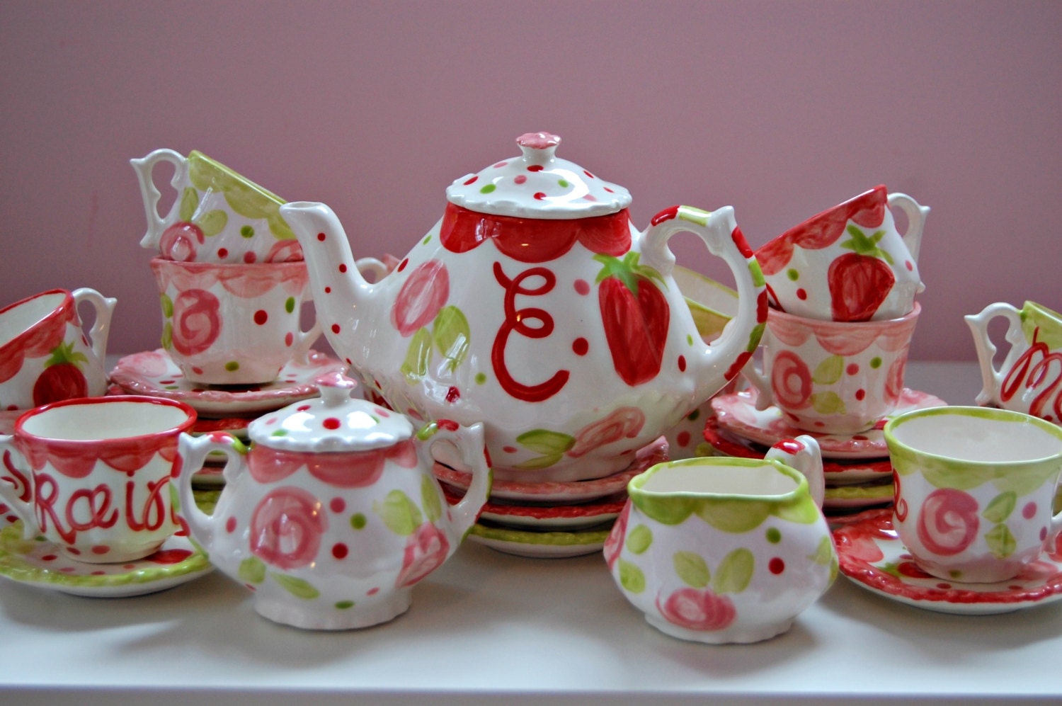 Strawberries & Flowers Personalized Little Girl's Tea Set Handpainted. . . Strawberry Shortcake Inspired Il_170x135