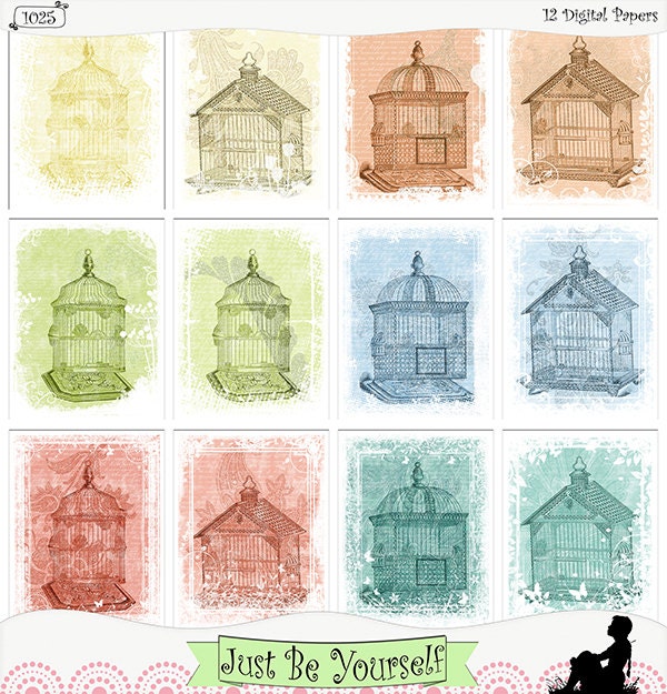Instant Download Printable Vintage Birdcages Art Journal Papers - Set of 12 (1025)