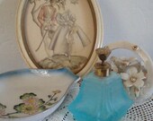 Vintage Romantic Boudoir Shabby Chic Decor, Lover in Frame, Capodimonti, Japanese Porcelain, glass perfume