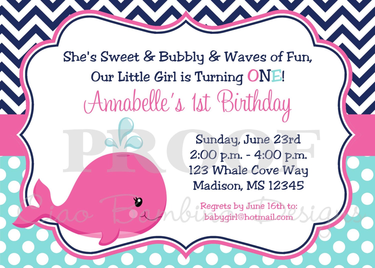 Printable Invitation - Chevron Whale of a Party for GIRLS - I Design - You Print - for Baby Shower or Birthday