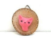 Handmade Chalkware Cat Head - Wall Hanging on Wood Slice - Faux Taxidermy - Pink Wall Decor