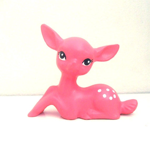 Handmade Chalkware Deer Figurine - Hot Pink Big Eyed Fawn Figure