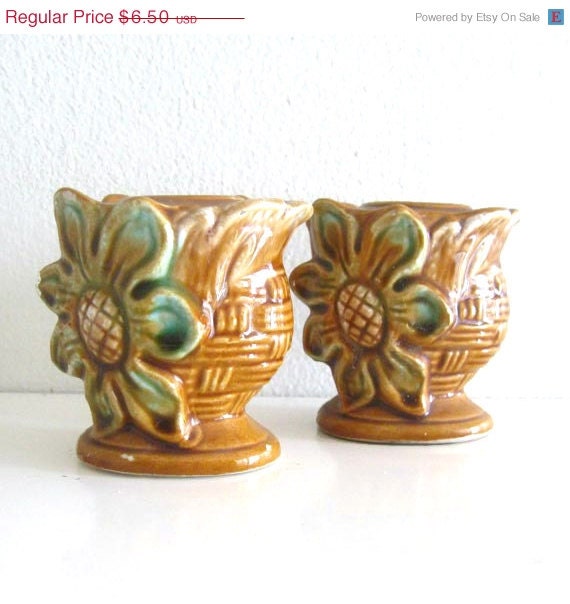 ON SALE 2 Vintage Ceramic Candle Holders Brown Flower Decor