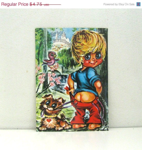 ON SALE Vintage Postcard 1970s - Big Eyed Boy with Dog - Greeting Card - Unused