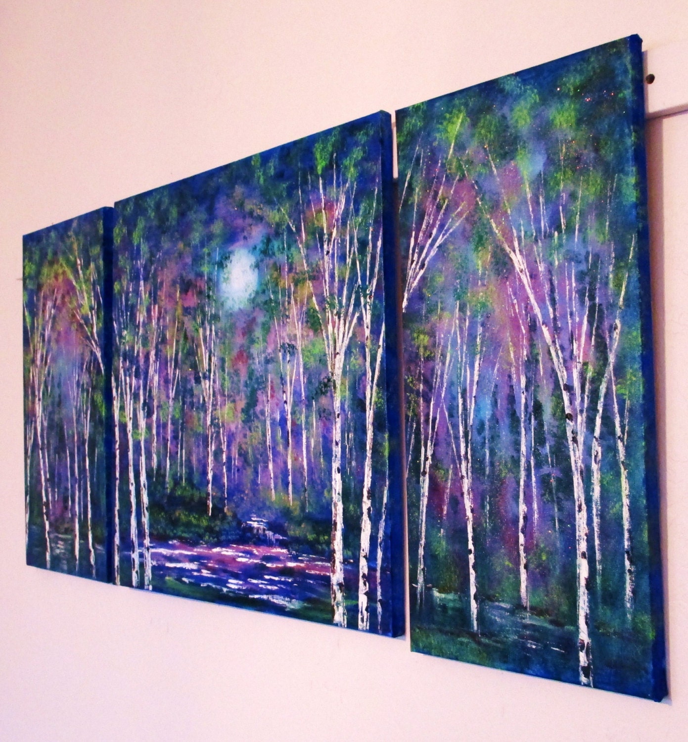 Large Painting  in stock original  oil  Abstract contemporary modern  blue moon birch Trees stream- Vadal-free shipping